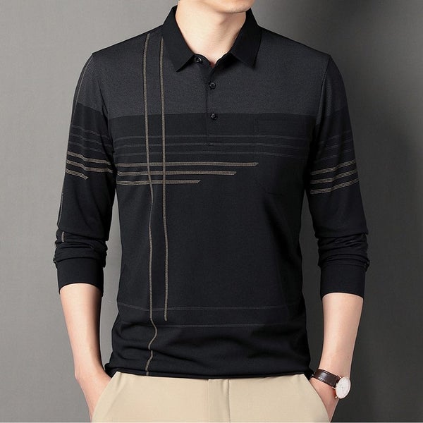 New Men Long Sleeve Polo Shirt Lapel Stripe Business Polo Shirt Carousel 1