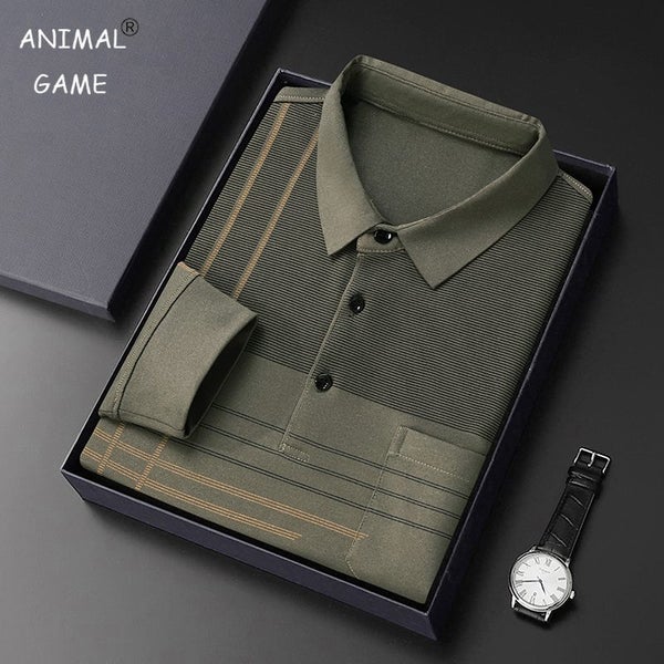 New Men Long Sleeve Polo Shirt Lapel Stripe Business Polo Shirt Carousel 2