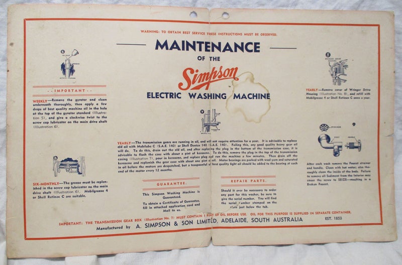 Early Operating Instructions For Simpson Electric Washing Machine - MWX 5139 Carousel 2