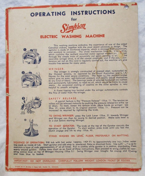 Early Operating Instructions For Simpson Electric Washing Machine - MWX 5139 Carousel 3