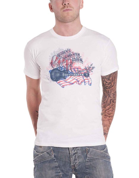 Creedence Clearwater Revival T Shirt Guitar And Flag Official Mens White Carousel 1