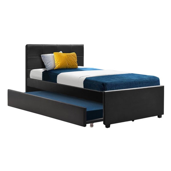 Artiss Trundle Bed Frame King Single Size Black Leather Carousel 1