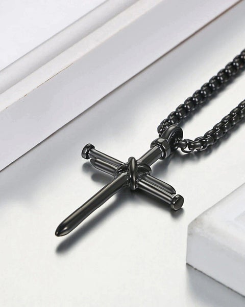 Men's Titanium Steel Edgy Cross Pendant Necklace in Gun-Metal Black Carousel 2