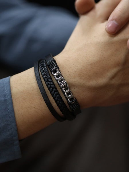 Men's Titanium Steel Leather Woven Layered Bracelet Carousel 2