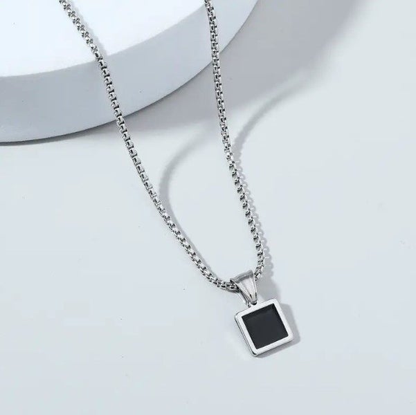 Men's Titanium Steel Necklace With Gun-Metal Black Onyx Square Pendant Carousel 1