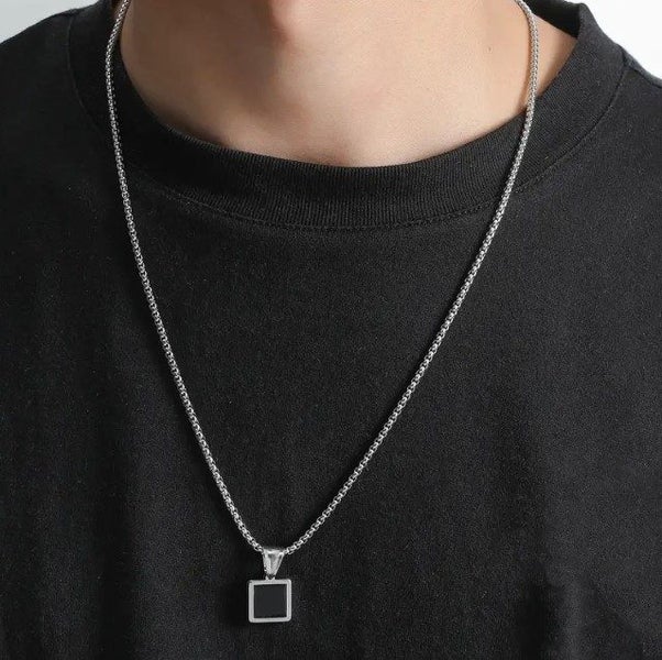 Men's Titanium Steel Necklace With Gun-Metal Black Onyx Square Pendant Carousel 2