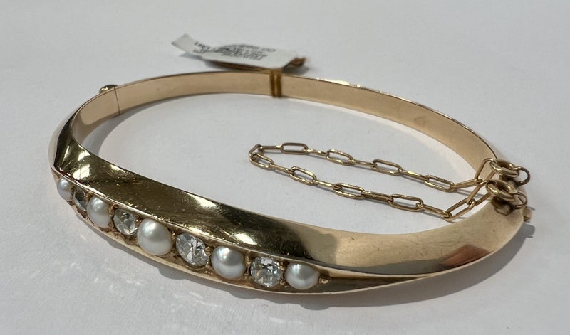 Vintage 14kt Pearl and Diamond Opening Bangle Carousel 1