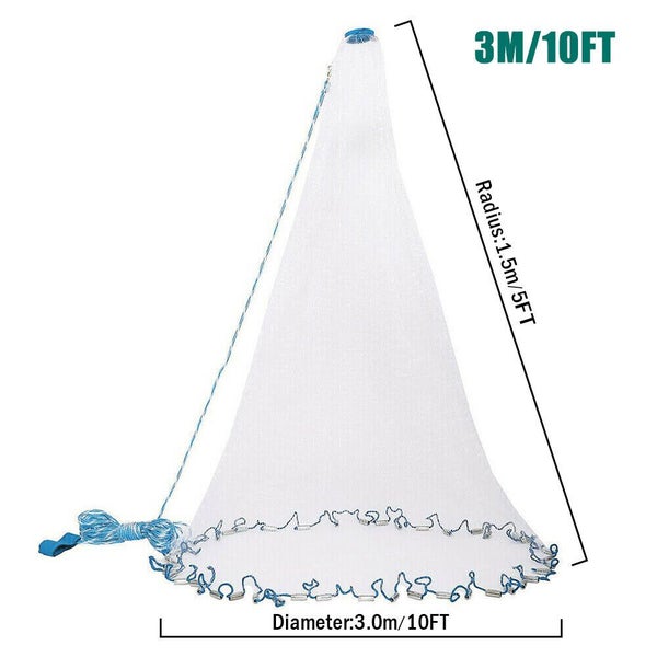 3M/ 10FT Durable Fishing Cast Net Quick Throw Nylon Mesh Carousel 1