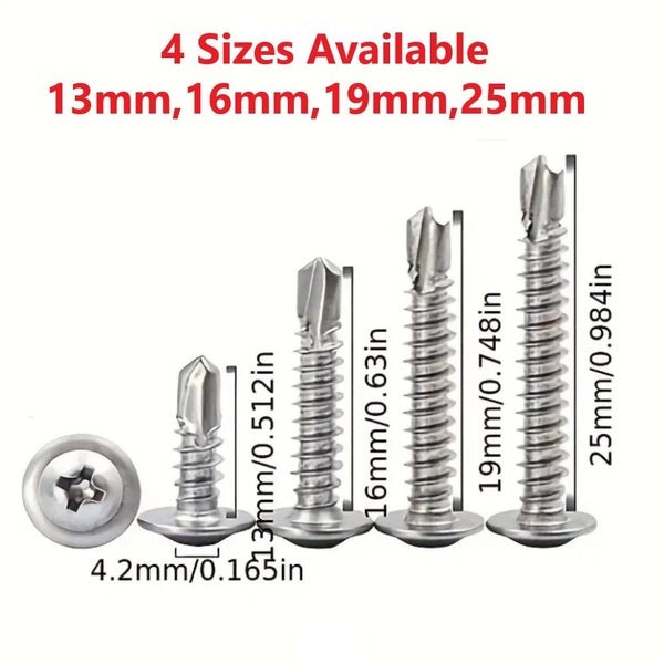 Truss Head Phillips Self Drilling Tek Screws Stainless 4.2mm 100pcs Vari Sizes Carousel 9