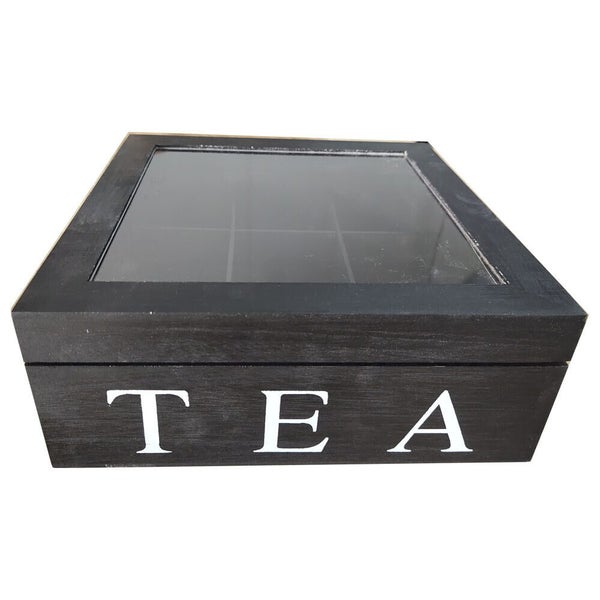 Black Wooden Tea Bag Chest Glass Window Jewellery Storage Organiser Box Carousel 1