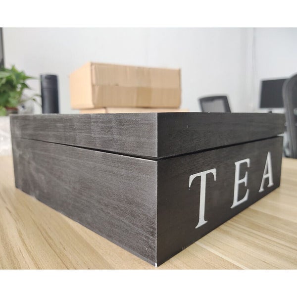 Black Wooden Tea Bag Chest Glass Window Jewellery Storage Organiser Box Carousel 2
