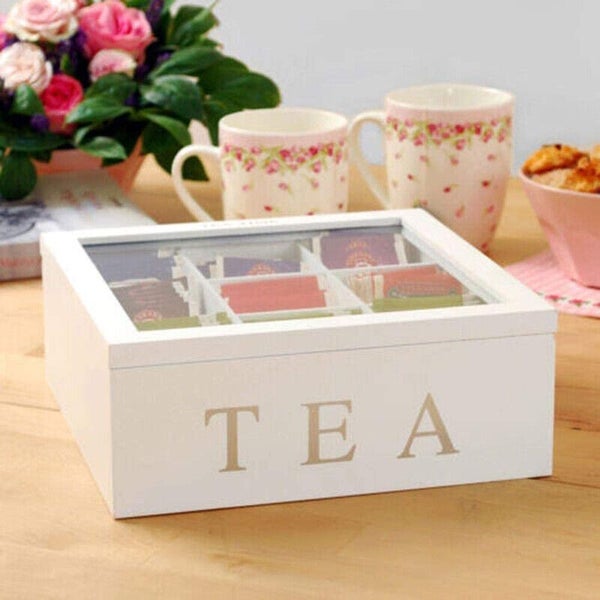 White Wooden Tea Bag Chest Glass Window Jewellery Storage Organiser Box Carousel 2
