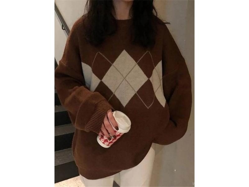 Knitted Sweaters Women Casual Pullover Fashion Argyle Sweater Winter College Carousel 1