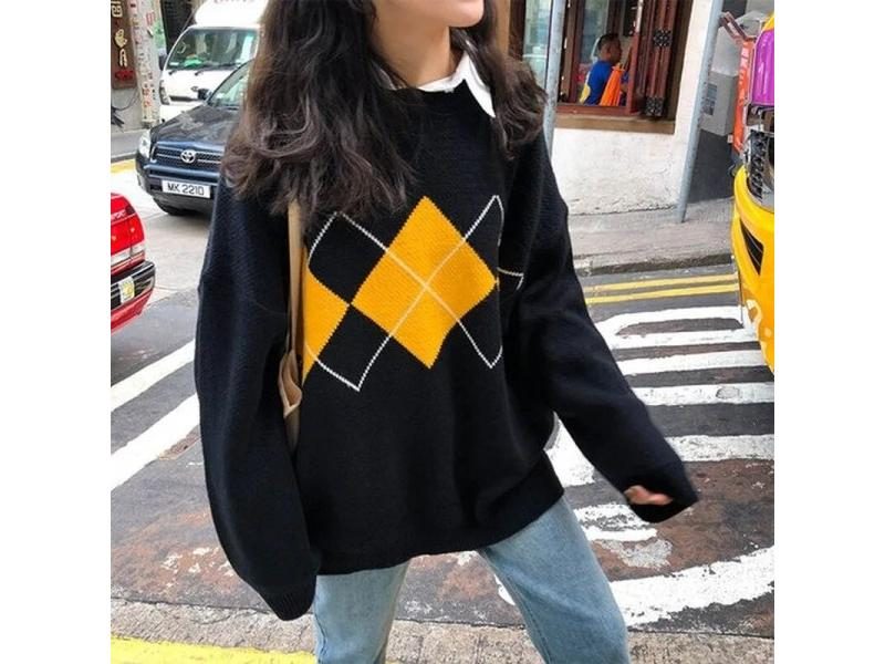 Knitted Sweaters Women Casual Pullover Fashion Argyle Sweater Winter College Carousel 2