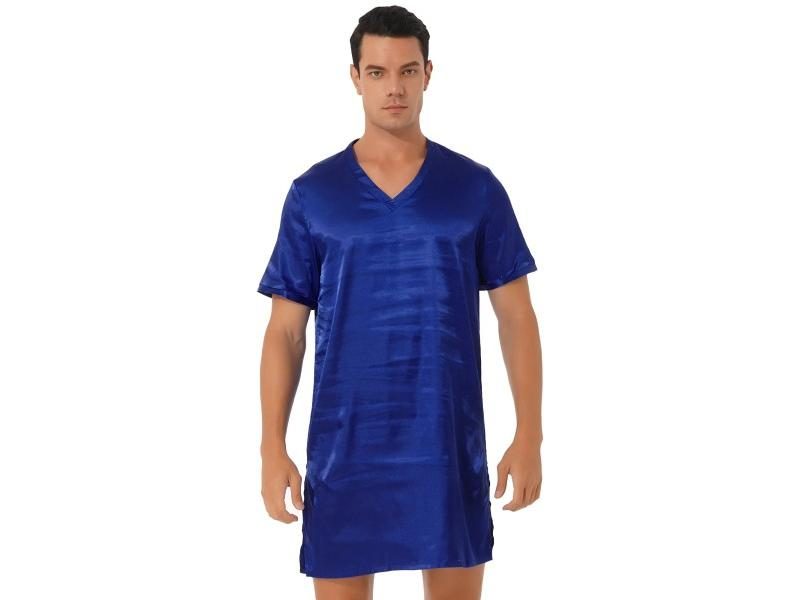 Women Men Silk Satin Nightshirt Short Sleeve Side Split Pajamas Carousel 1