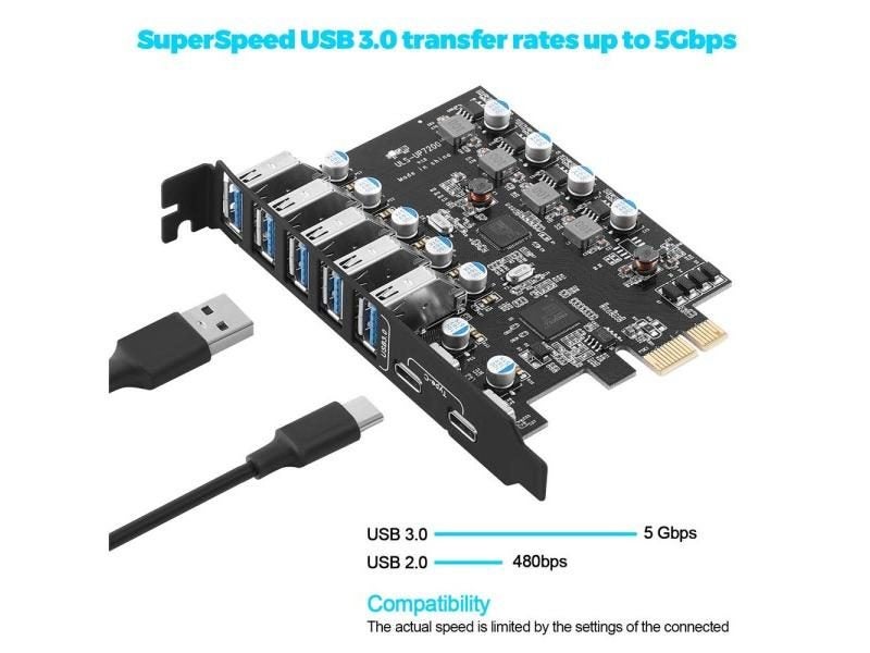 PCIe USB 3.0 Card Expansion USB-A 5X USB-C 2X PCI Express USB Add In Card Carousel 1