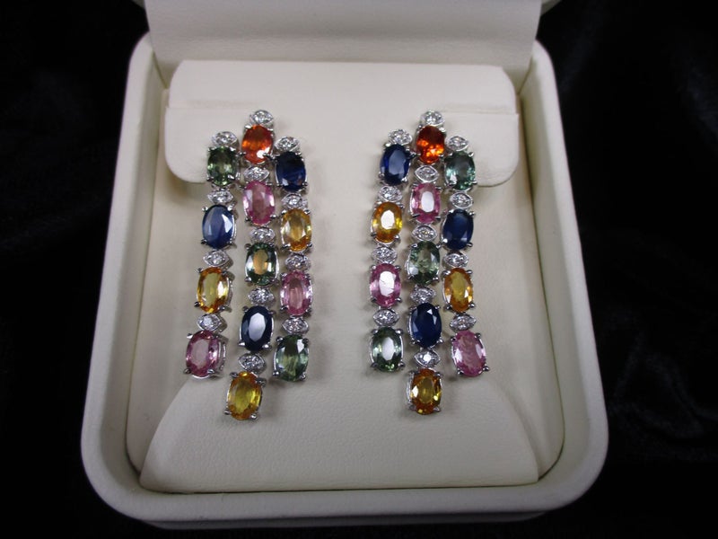 16.70 CT MULTI COLOUR SAPPHIRE & DIAMOND EARRINGS, 14 K WHITE GOLD Carousel 2