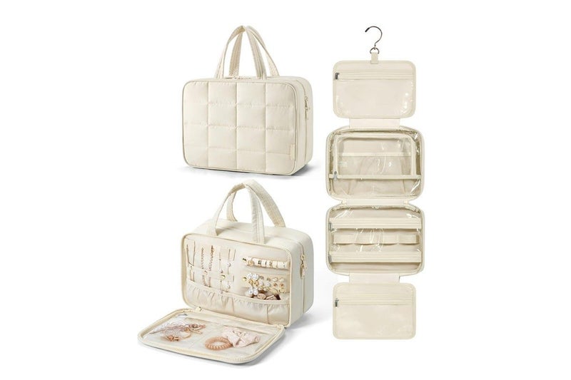 Travel Toiletry Bag Makeup Bag Cosmetic Organizer with Jewelry Organizer - Beige Carousel 1