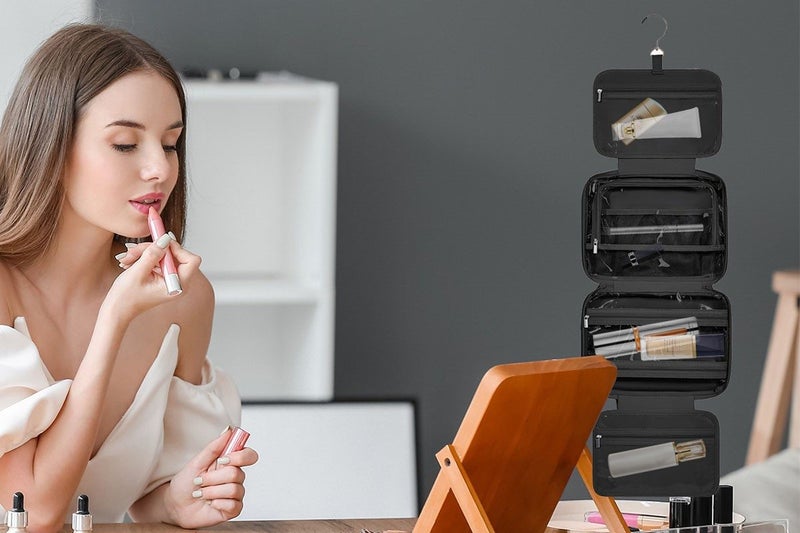 Travel Toiletry Bag Makeup Bag Cosmetic Organizer with Jewelry Organizer - Black Carousel 6