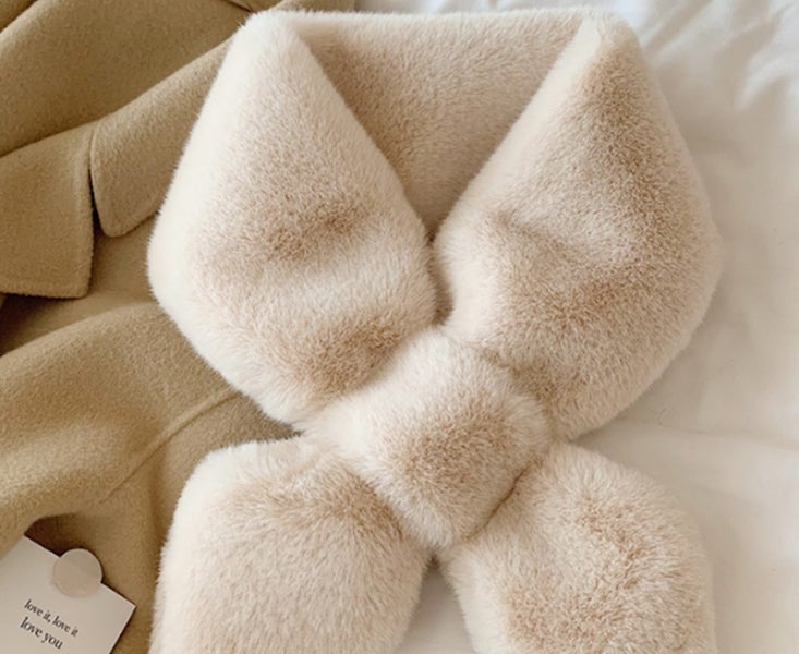 Winter Khaki Solid Color Neck Warming Equipment Cross Scarf Plush Collar Women Carousel 2