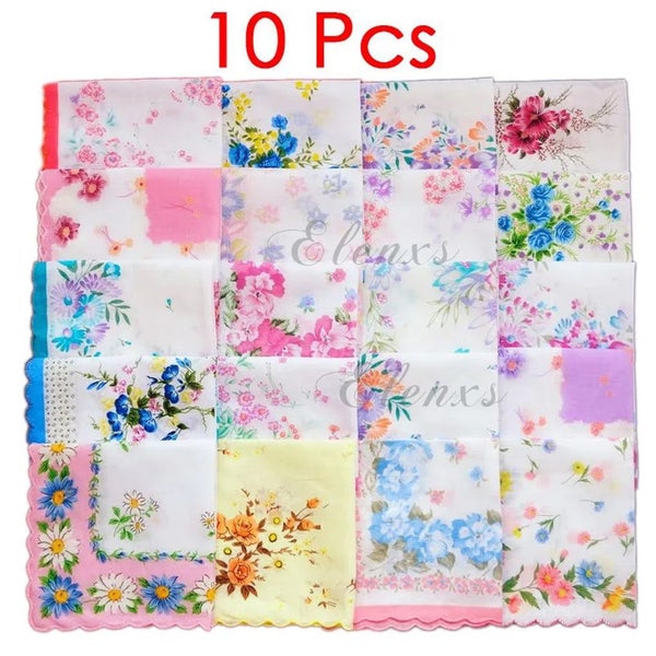 Pack of 10 Woman Floral Handkerchiefs Portable Camping Traveling Square H CHK29M Carousel 1
