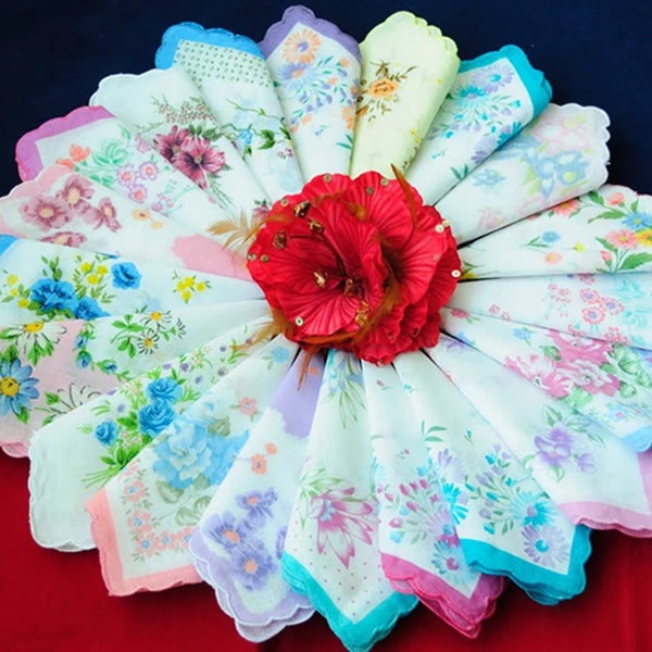 Pack of 10 Woman Floral Handkerchiefs Portable Camping Traveling Square H CHK29M Carousel 2