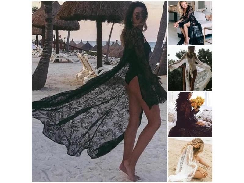Women Lace Hollow Crochet Swimwear Bikini Long Sleeve Beach Dress Sarongs Carousel 2