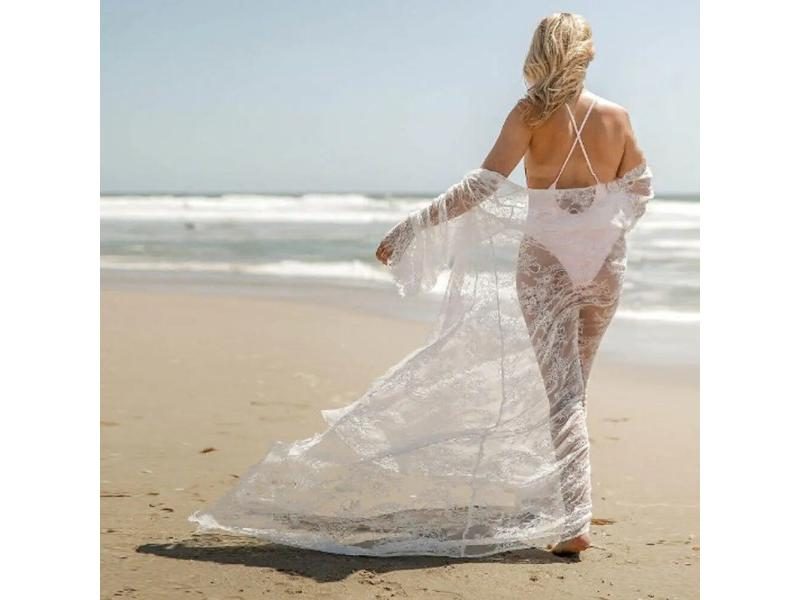 Women Lace Hollow Crochet Swimwear Bikini Long Sleeve Beach Dress Sarongs Carousel 1