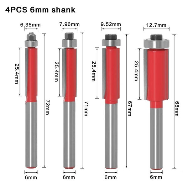 4Pc 6mm 1/4" Shank Flush Trim Router Bits End Mill For Wood Lengthened Tr CHK29M Carousel 1