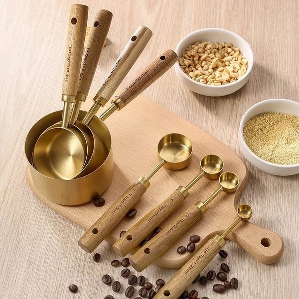 4/8Pcs Wooden Handle Stainless Steel Measuring Cups Spoons Baking Tools C CHK29M Carousel 1