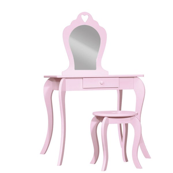 Keezi Pink Kids Vanity Dressing Table Stool Set Mirror Princess Children Makeup Carousel 1