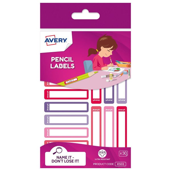 Avery Kids Pencil Labels Pink/Purple 30 Pack Carousel 1