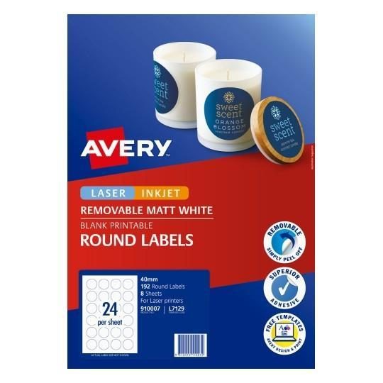 Avery L7129 Matt 40mm Round Labels x 24's x 8 Sheets Carousel 2