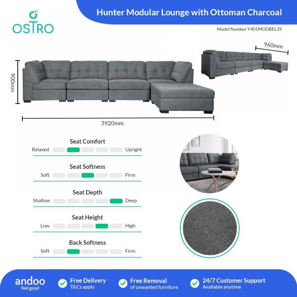 Ostro Furniture Ostro Hunter Modular Lounge with Storage Ottoman Charcoal Y40... Carousel 15