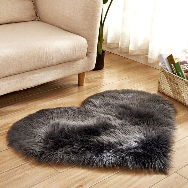 Heart Shaped Rug Shaggy Floor Soft Faux Fur Home Bedroom Hairy Carpet-Light Grey Carousel 2