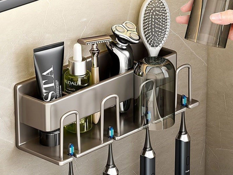 Space Metal Toothbrush Holder Bathroom Wall Mounted Rack with Cups - ST3 Carousel 1