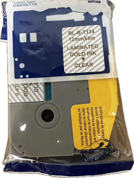 Compitable Brother P touch Laminated 12mm x 8m Tape Tze-134 Tze134 Gold on Clear Carousel 3