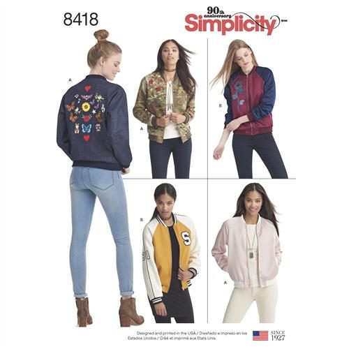 Simplicity Pattern 8418 Women's Lined Bomber Jacket with Fabric & Trim Carousel 1