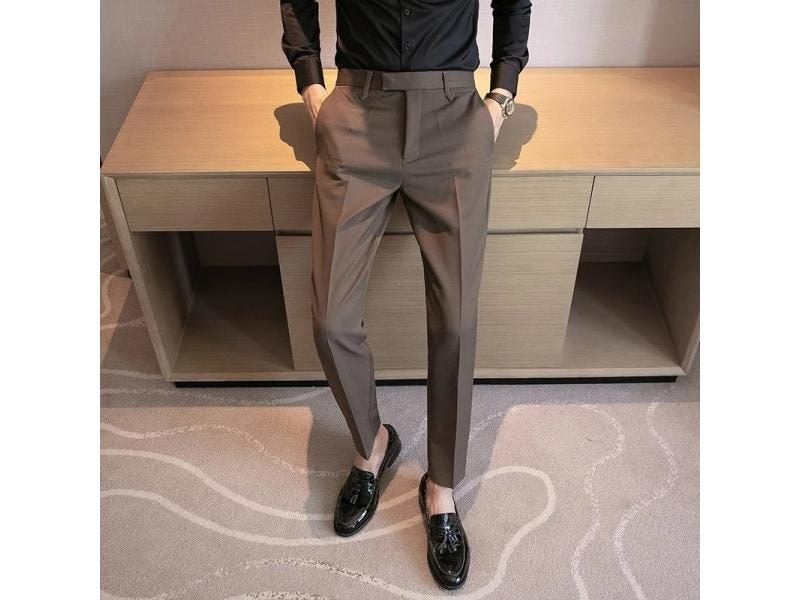 Men Suit Pants Solid Color Slim Fit Office Business Trousers 28-36 Carousel 1