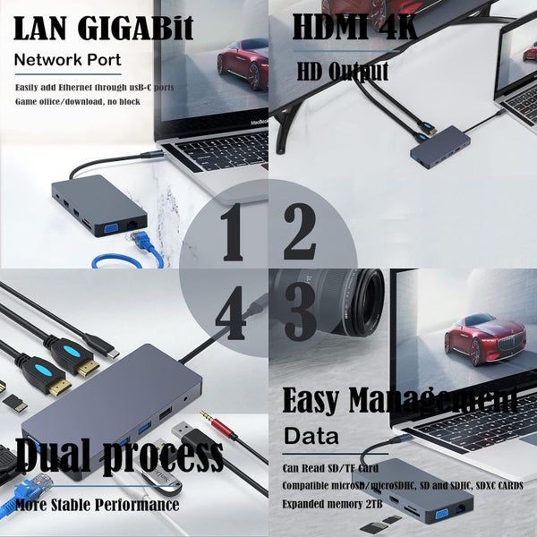 Type C Docking Station 12 In 1 Multiport Hub Adapter USB 2HDMI+VGA Dongle Carousel 5