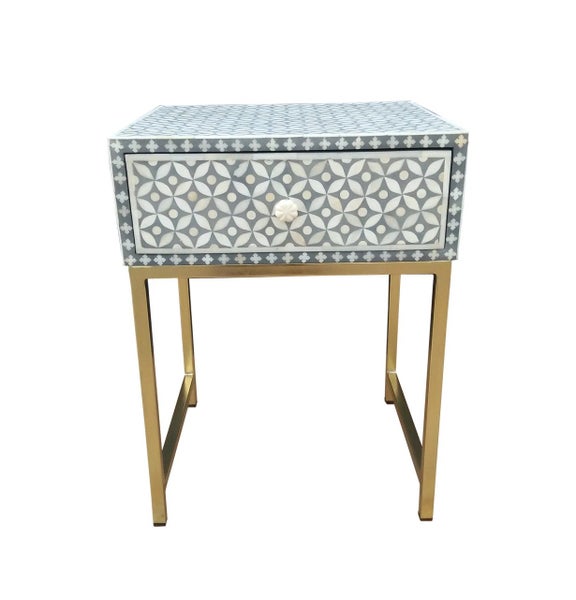 Bone Inlay Bedside Table with One Drawer in Celtic/Grey Carousel 1