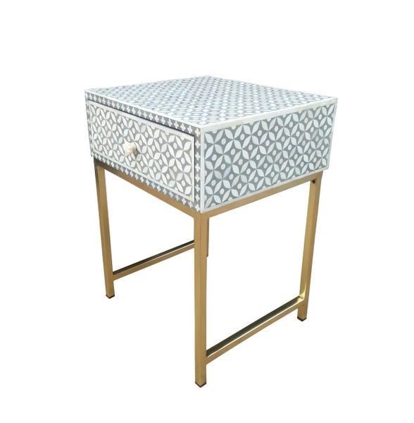 Bone Inlay Bedside Table with One Drawer in Celtic/Grey Carousel 2