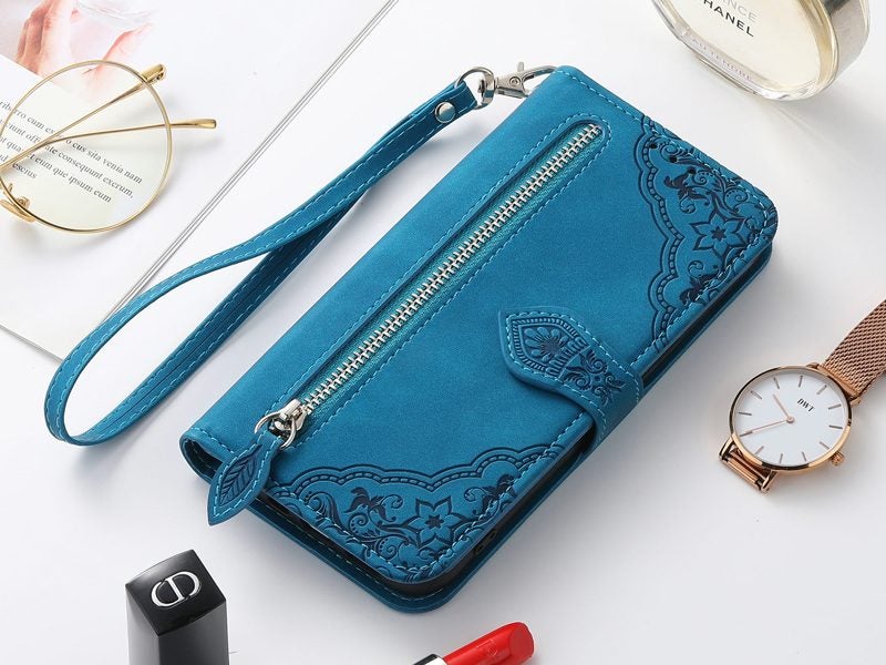PU Leather Stand Wallet Case Cover for OPPO Reno12 5G with Wrist Strap Blue Carousel 10
