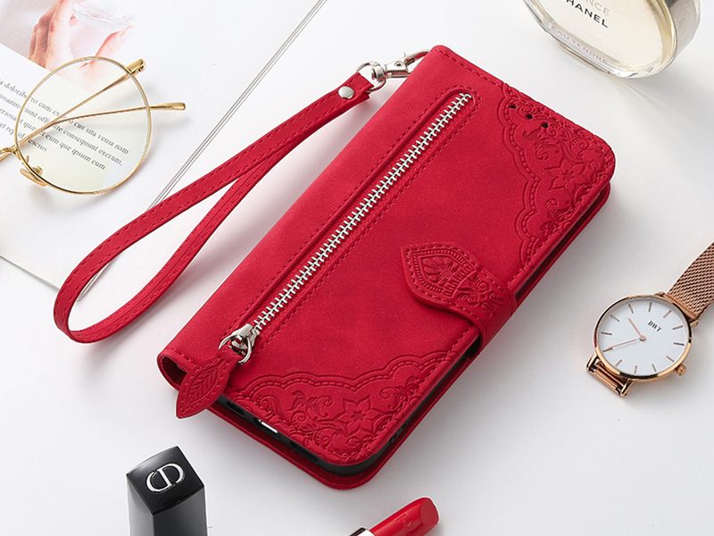 PU Leather Stand Wallet Case Cover for OPPO Reno12 5G with Wrist Strap Red Carousel 9
