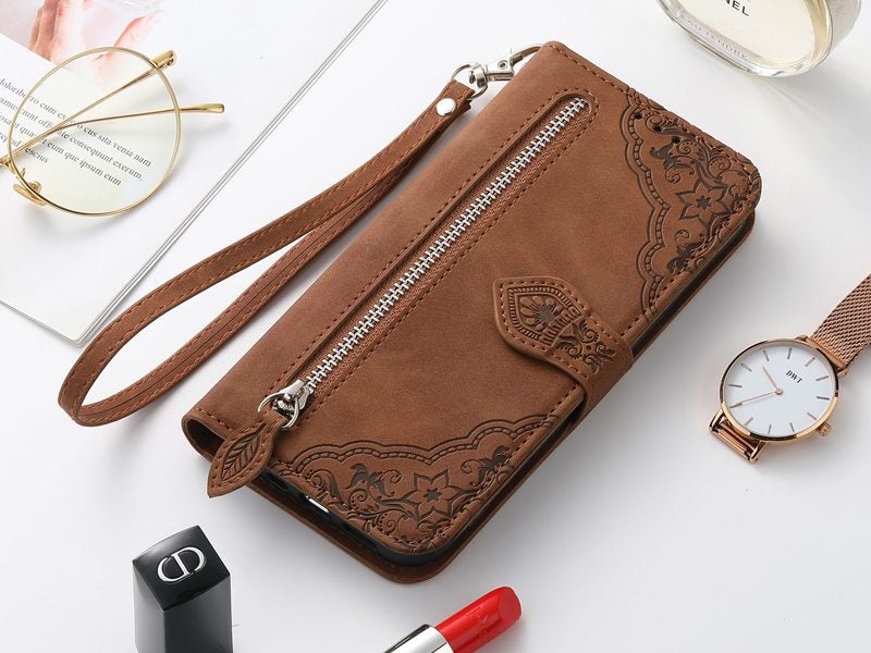 PU Leather Stand Wallet Case Cover for OPPO Reno12 5G with Wrist Strap Brown Carousel 9