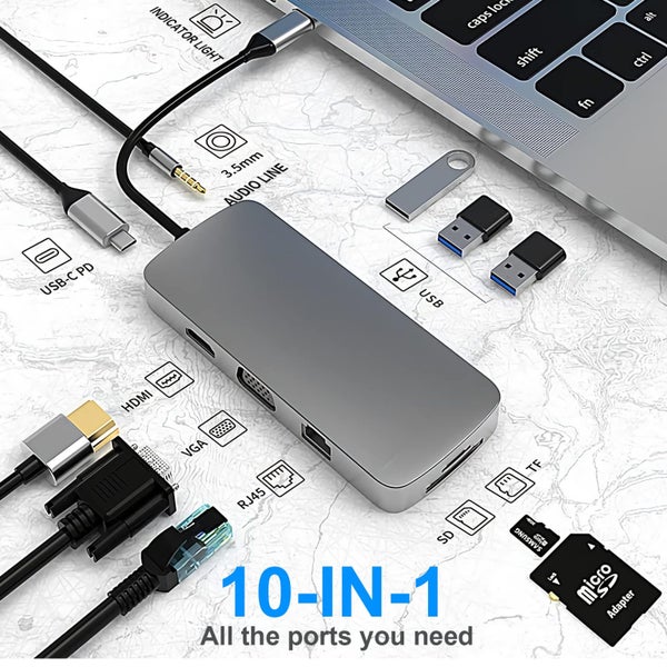 Hub Dongle 10-in-1 Type C Adapter Docking Station with HDMI VGA PD USB3.0 Carousel 1