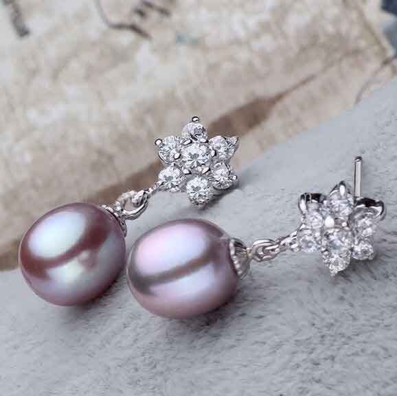 925 Sterling Silver Pearl Drop Earrings "Parva" (Grape) Carousel 1