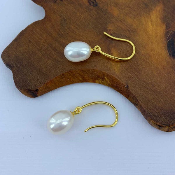 18K Gold Drop Earrings AAA Grade Real Pearls "Elise" (White) Carousel 2