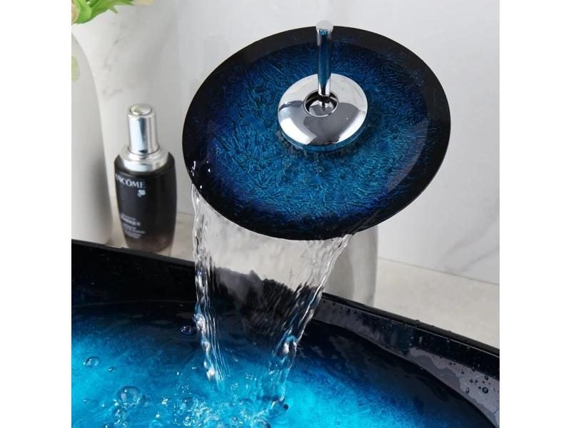 SINLAKU Bathroom Basin Set Blue Tempered Glass Basin Deck Mounted Vessel Single Carousel 2