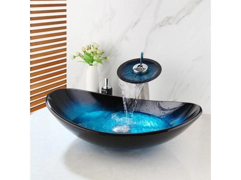 SINLAKU Bathroom Basin Set Blue Tempered Glass Basin Deck Mounted Vessel Single Carousel 1